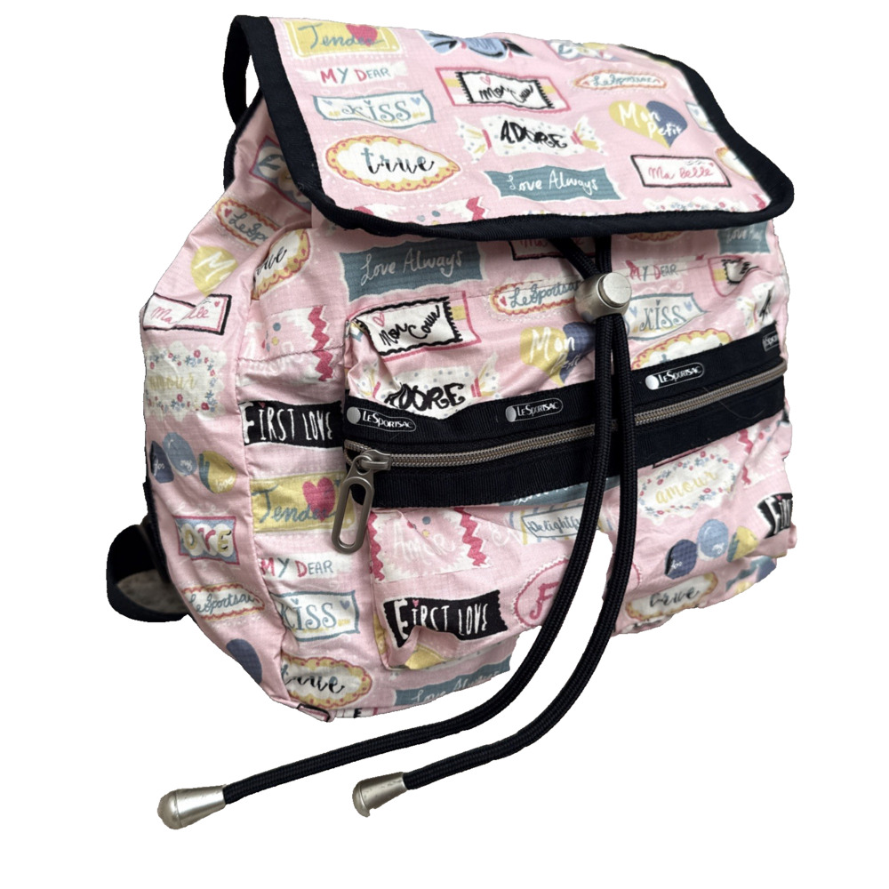 LeSportsac Small Mini Backpack Love Print Cinch Top Snap Closure Zipped Pockets